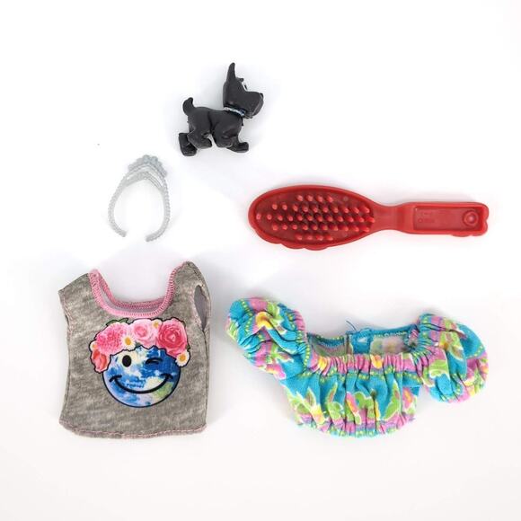Barbie 5 Item Bundle - 2 Tops, 1 Red Hair Brush, 1 Gray/Grey Tiara & 1 Black Dog - Picture 1 of 12